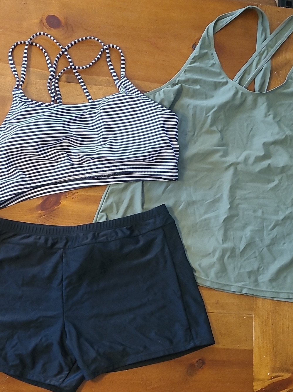 Striped Bikini Top with Olive Tank and Black Swim Shorts